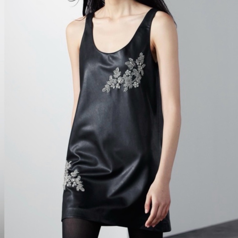 NWOT Zara Black Faux Leather Mini Beaded Dress | Size: S